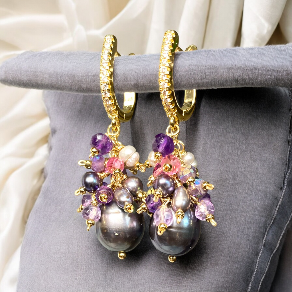 Black Peacock Pearl Earrings Amethyst and Pink Gemstone Clusters Gold Fill