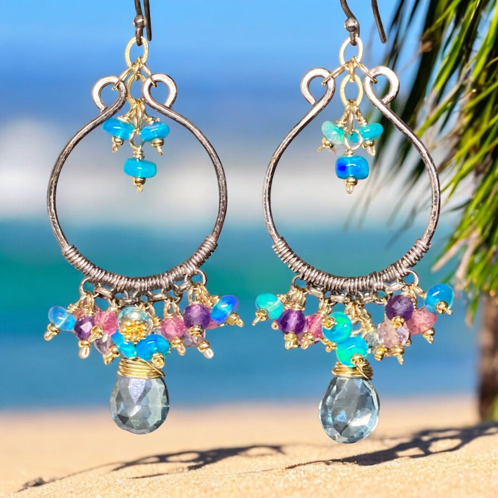 Oxidized Silver Hoop Chandelier Earrings, Aqua Opal, Pink Sapphire, Mixed Metals 1