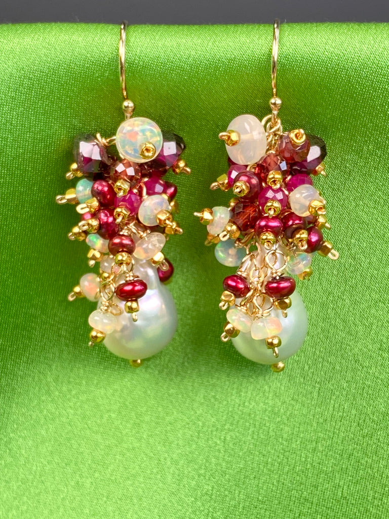Baroque Pearl Earrings with Rubies, Red Opal and Fiery AAA Ethiopian Opals