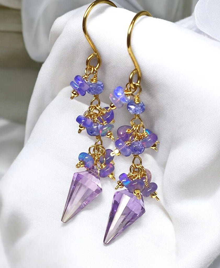 Amethyst Rose de France and Lavender Opal Dangle Earrings Gold Fill