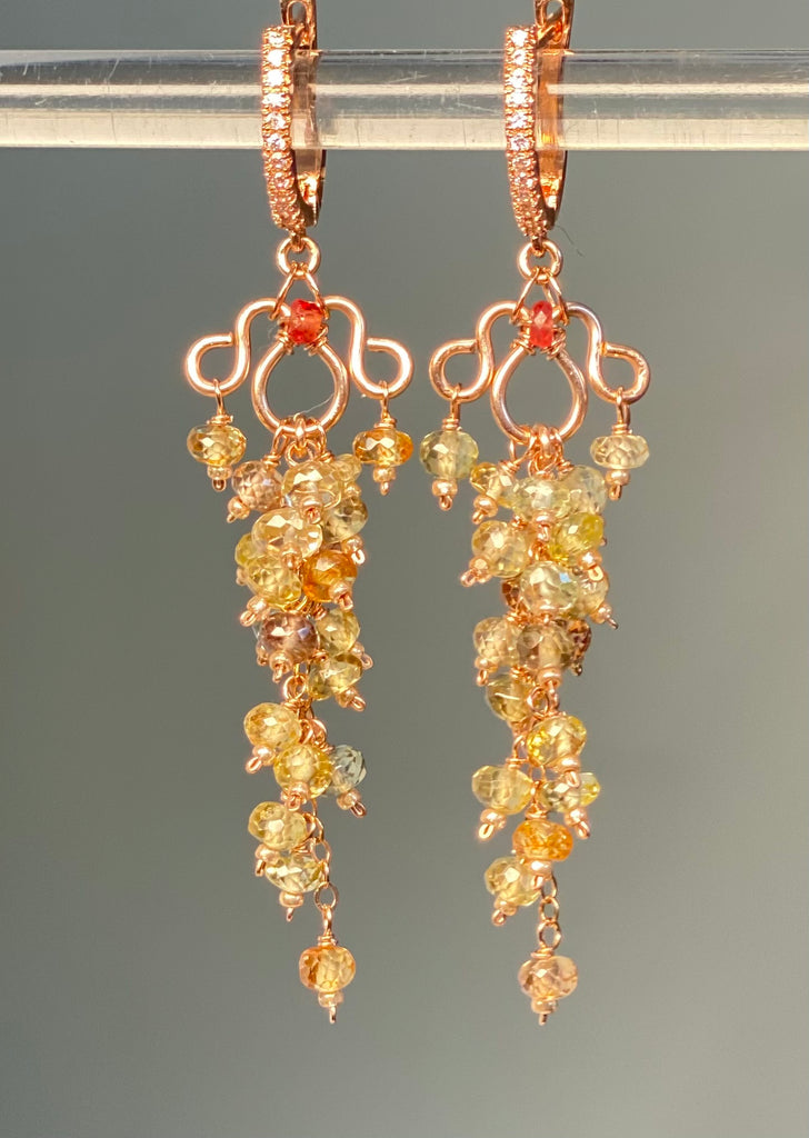 Natural Gemstone Zircon Cluster Dangle Earrings Rose Gold Fill