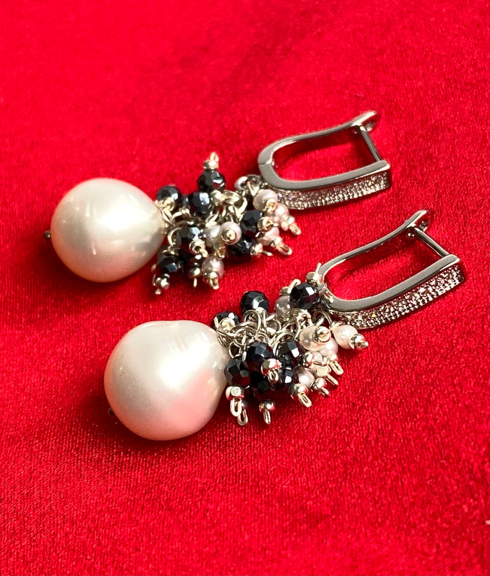 White Pearl Black Spinel Cluster Earrings Sterling Silver