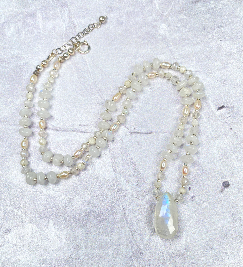 Moonstone, Pearl Pendant Necklace Sterling Silver