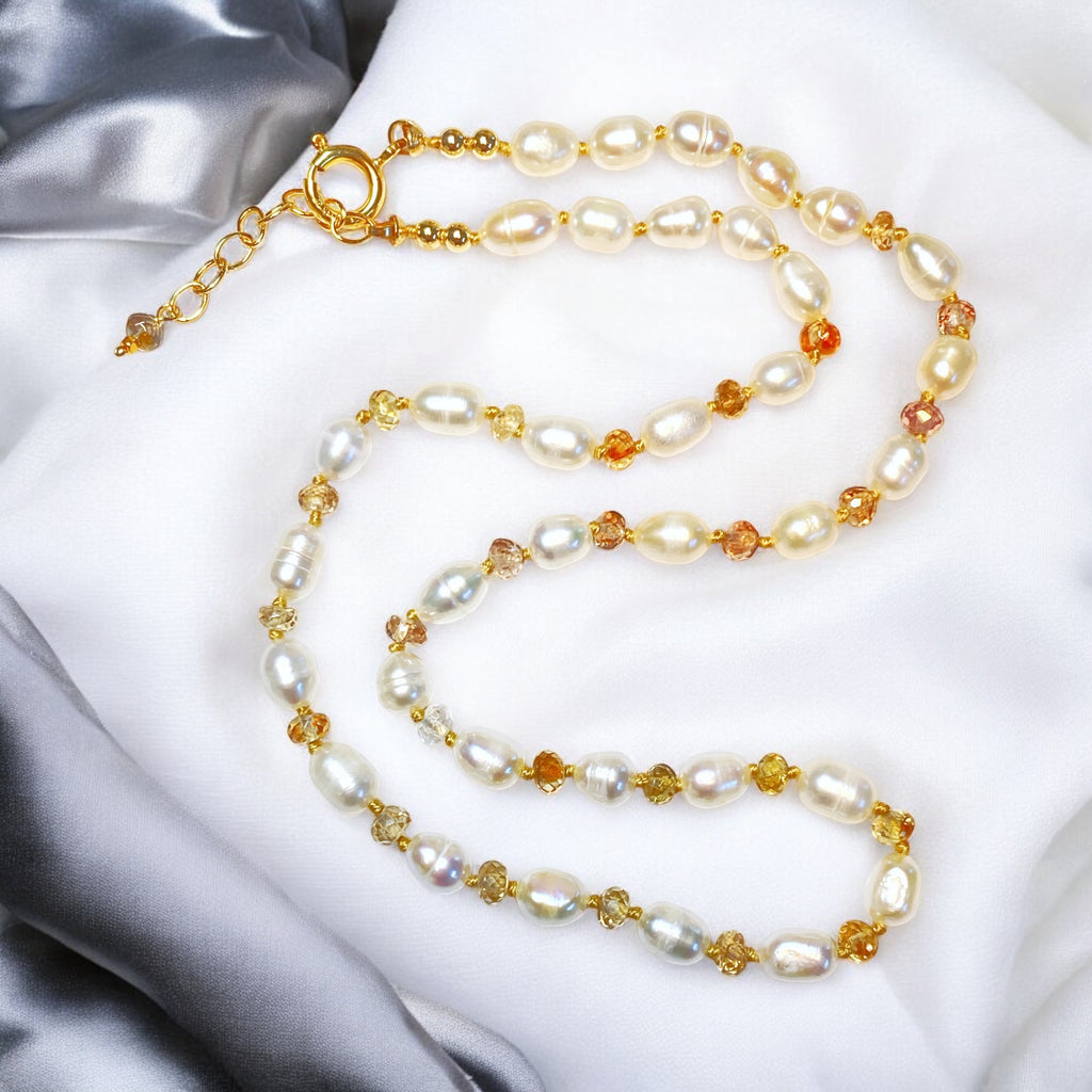 Pearl Necklace with Natural Zircon Gemstones, Silk Knotted, Gold Fill