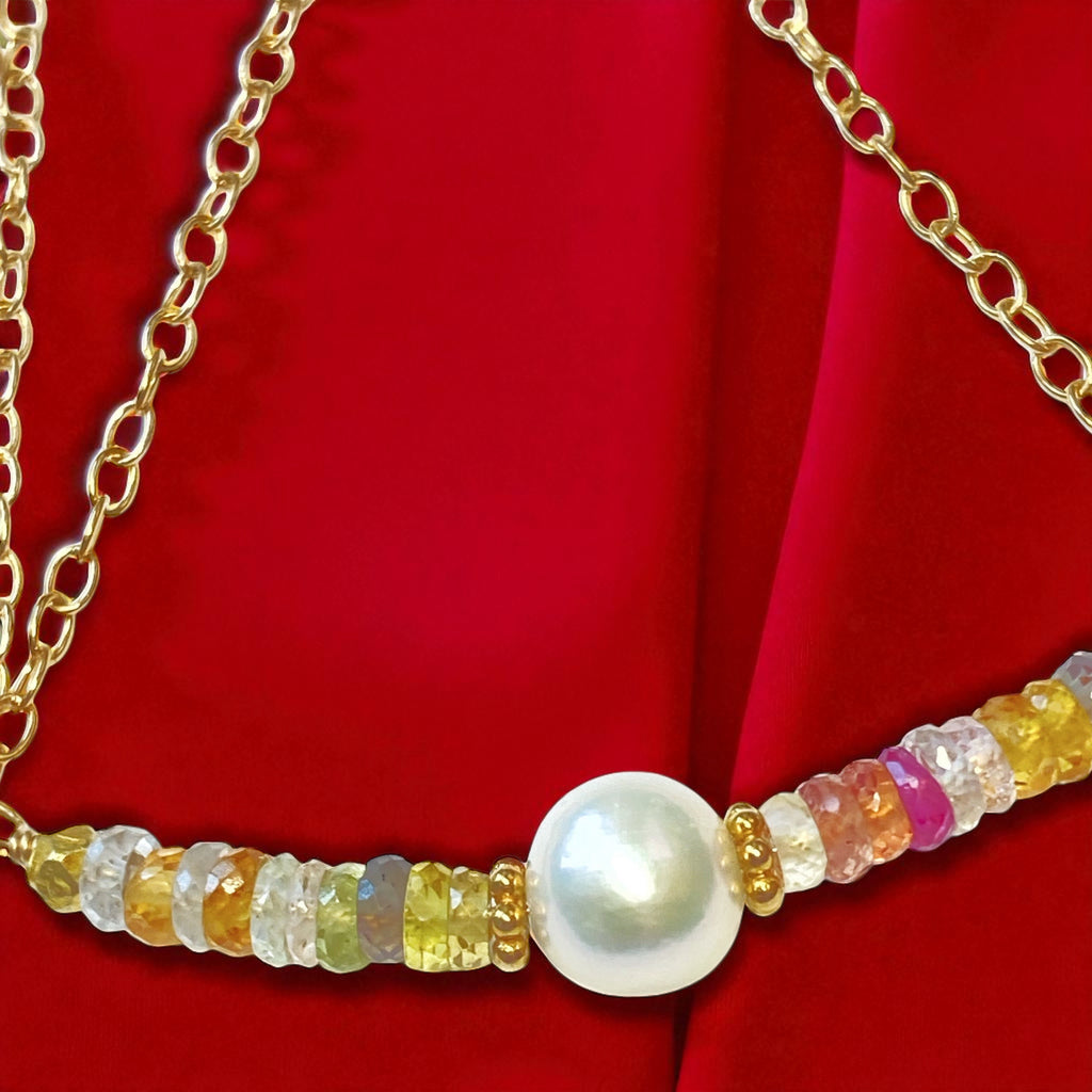 Sapphire Bar Necklace Gold Pastel Gemstone and Pearl Dainty Choker