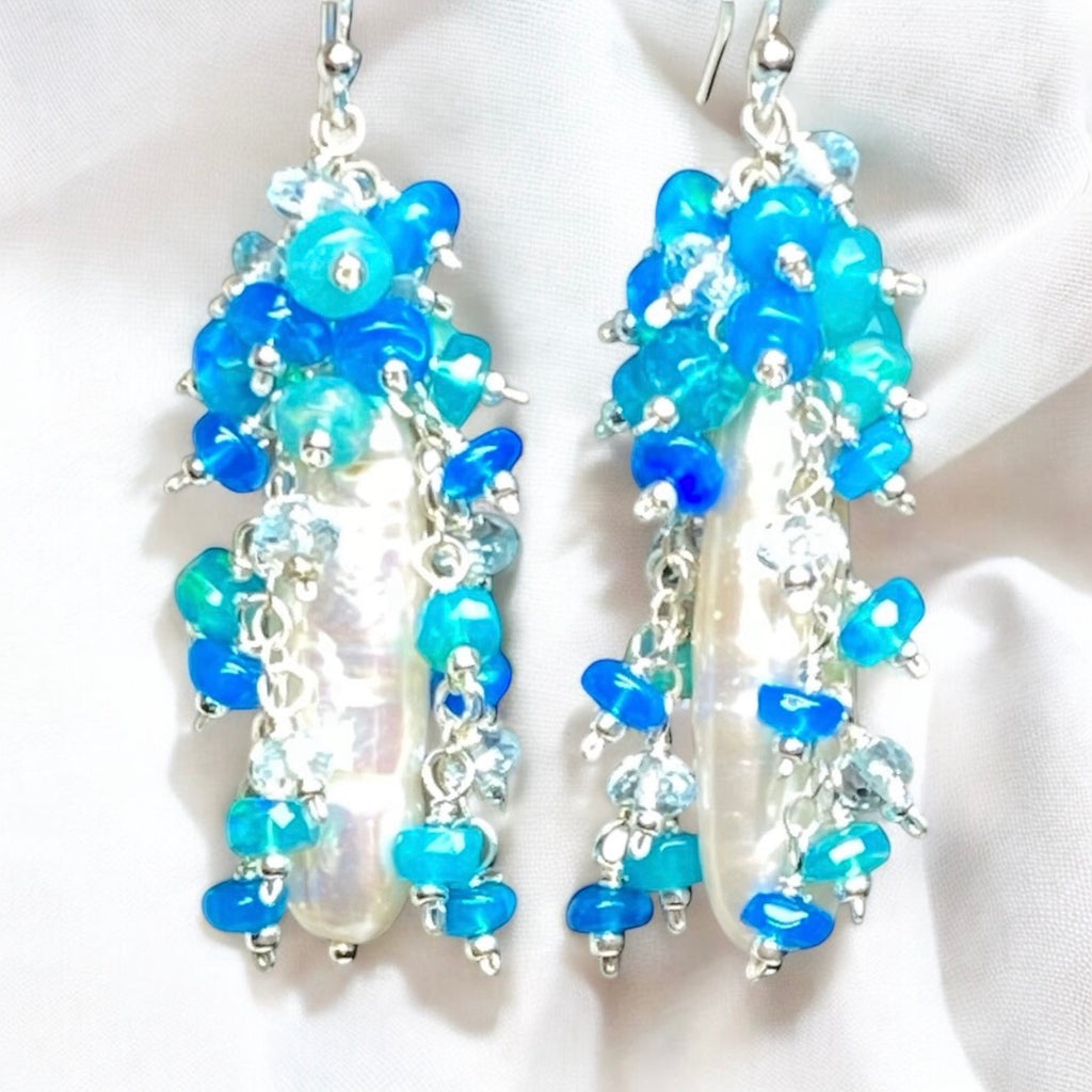 White Biwa Pearl and Aqua Blue Opal Cluster Earrings Sterling Silver