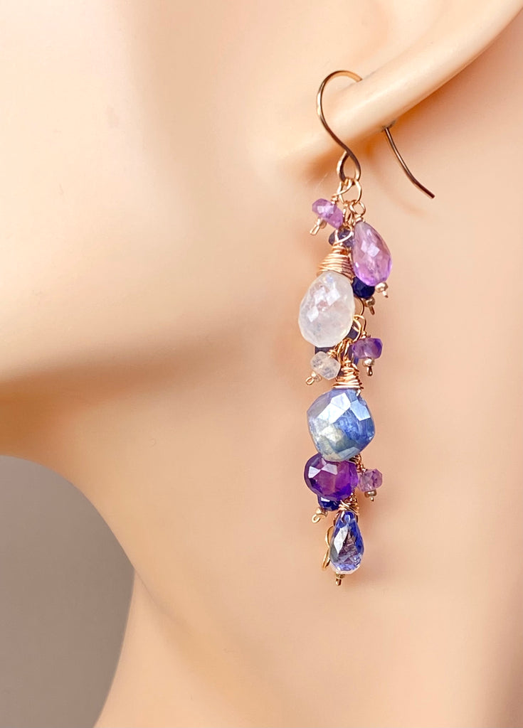 Rose Gold Boho Dangle Earrings with Kyanite, Amethyst & Moonstone | Handmade Gemstone Jewelry