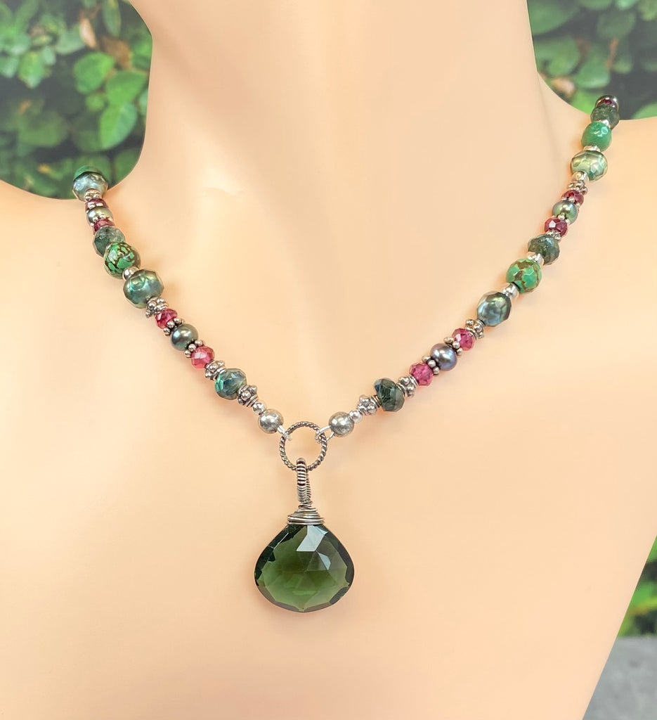 Green Quartz Pendant Necklace: Garnet, Turquoise, Pearl, Moonstone Sterling Silver