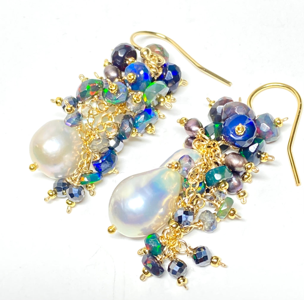 Baroque Pearl Earrings with Fiery Black Ethiopian Opals 2