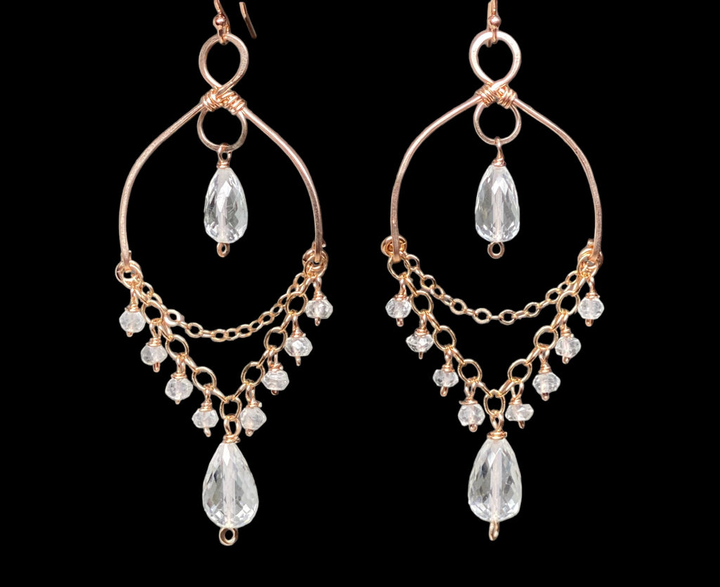 Crystal Quartz Gemstone Chandelier Dangle Earrings Rose Gold Fill
