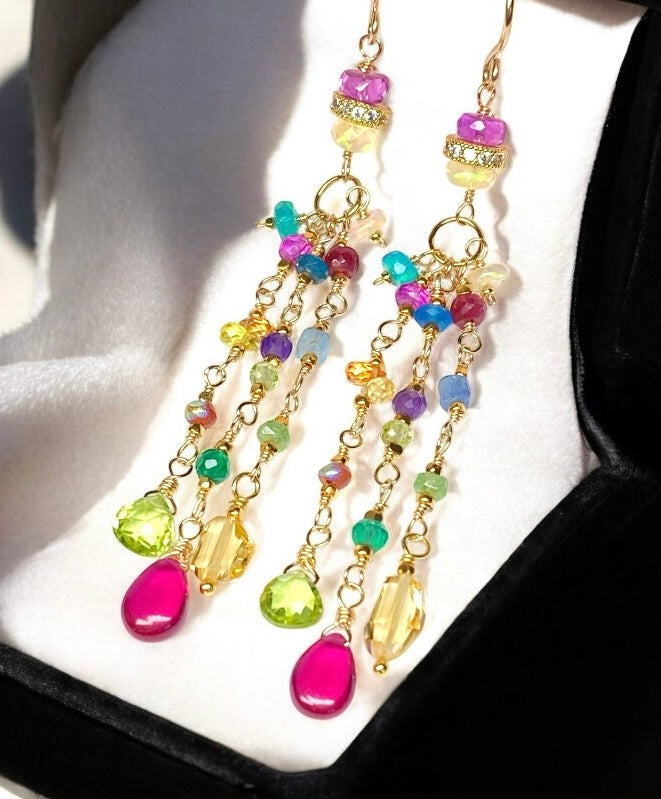 Multi Gemstone Gold Fill Long Dangle Earrings with Peridot, Citrine, Rubellite