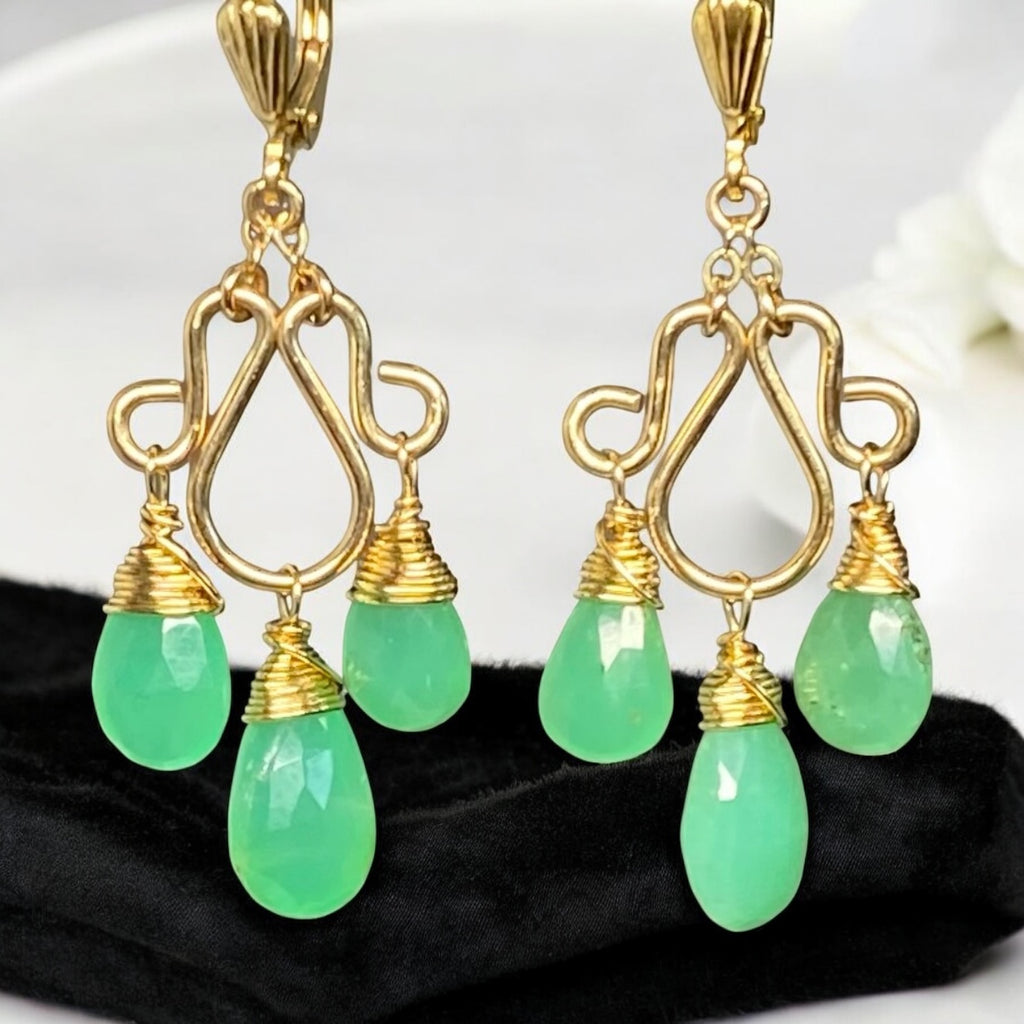 Green Chrysoprase Gemstone Chandelier Earrings Gold