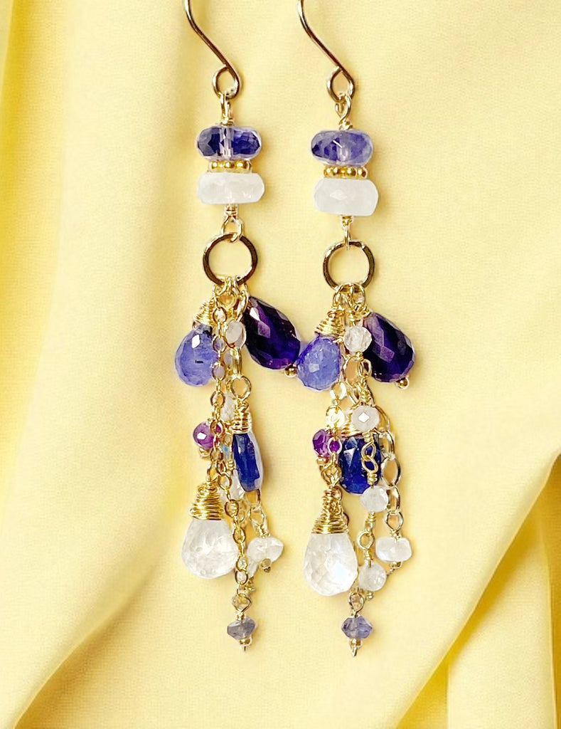 Blue Violet Gemstone Dangle Earrings - Amethyst, Tanzanite, Kyanite, Moonstone