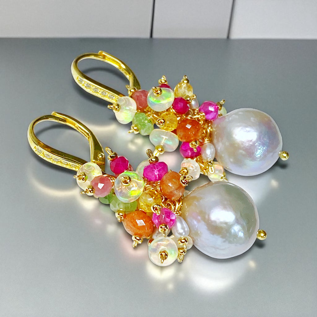 Silver Edison Pearl Multicolor Gemstone Cluster Earrings Gold Fill