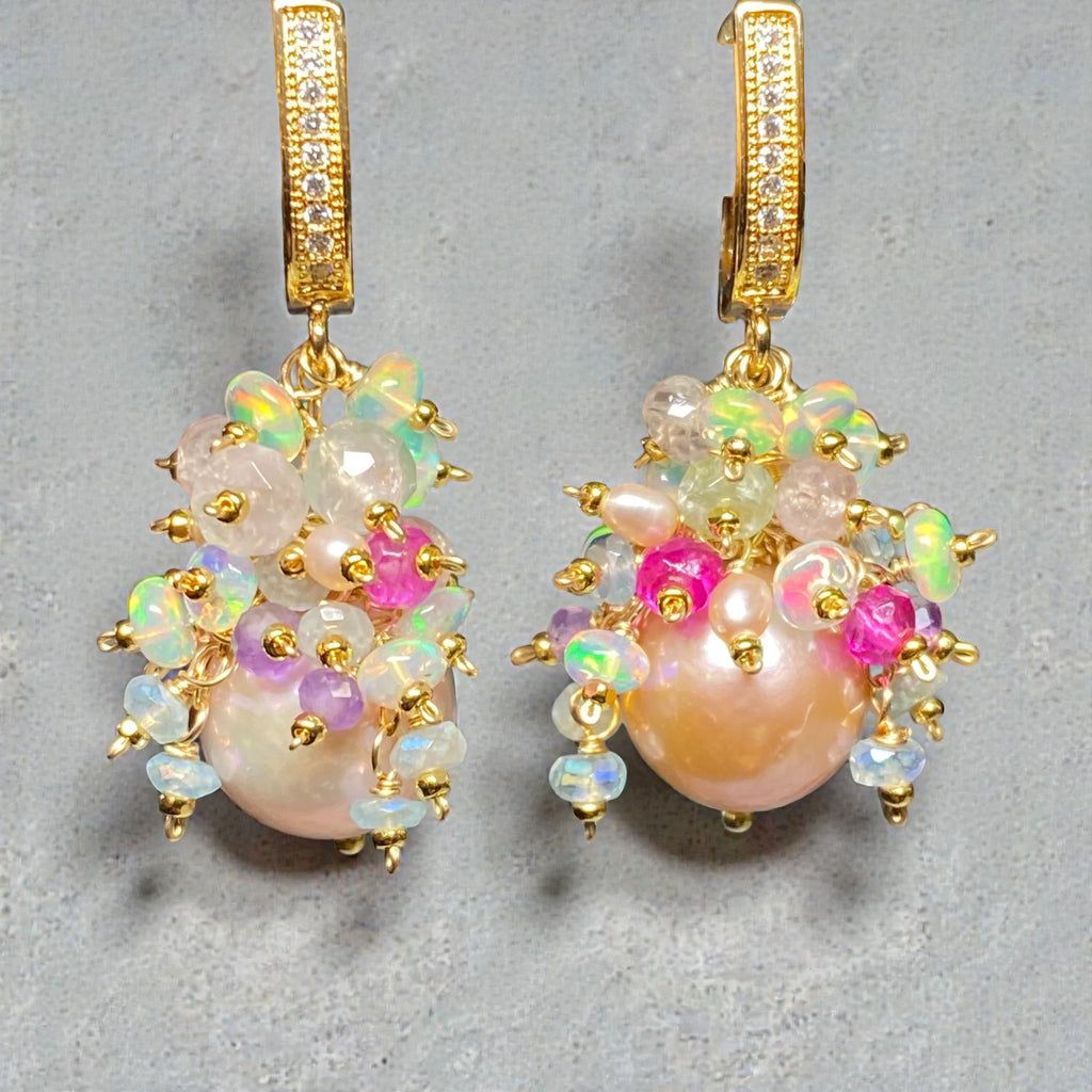Pink Edison Pearl Opal Tourmaline Cluster Wedding Earrings Gold Fill - Bridal Jewelry - Doolittle