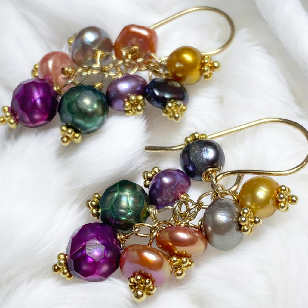 Multi-color and Laser Faceted Pearl Dangle Earrings Gold - Doolittle