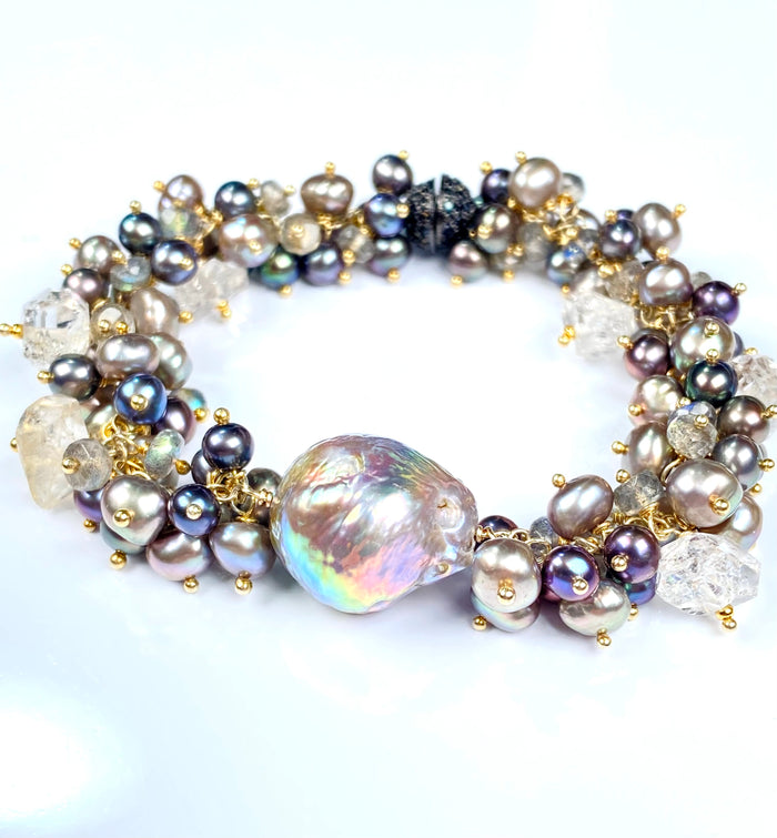 Silver Grey Baroque Pearl Cluster Bracelet — Herkimer Quartz & Labradorite
