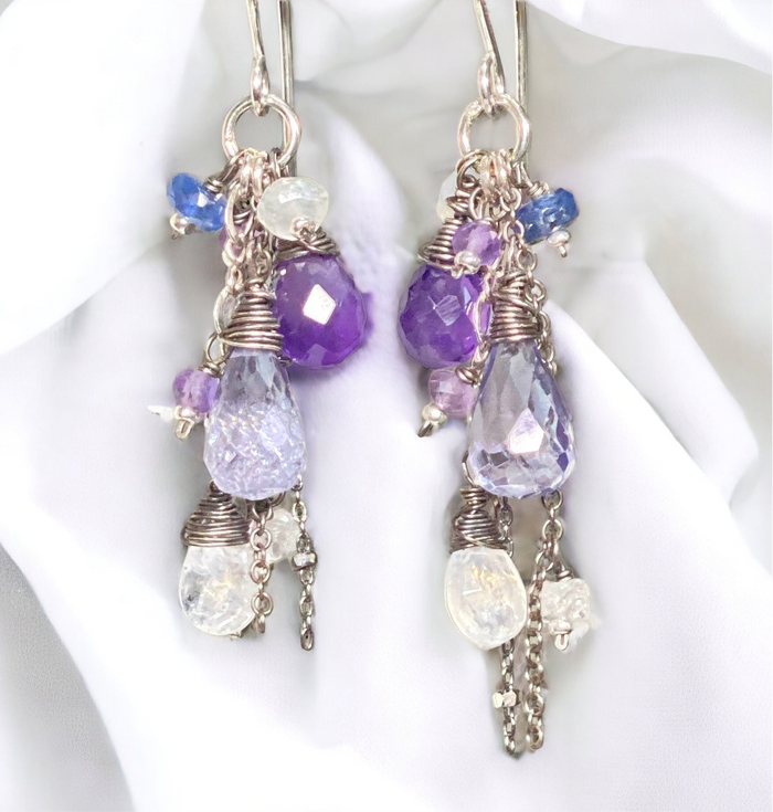 Blue Violet Boho Dangle Earrings Amethyst, Blue Denim Quartz, Oxidized Sterling Silver