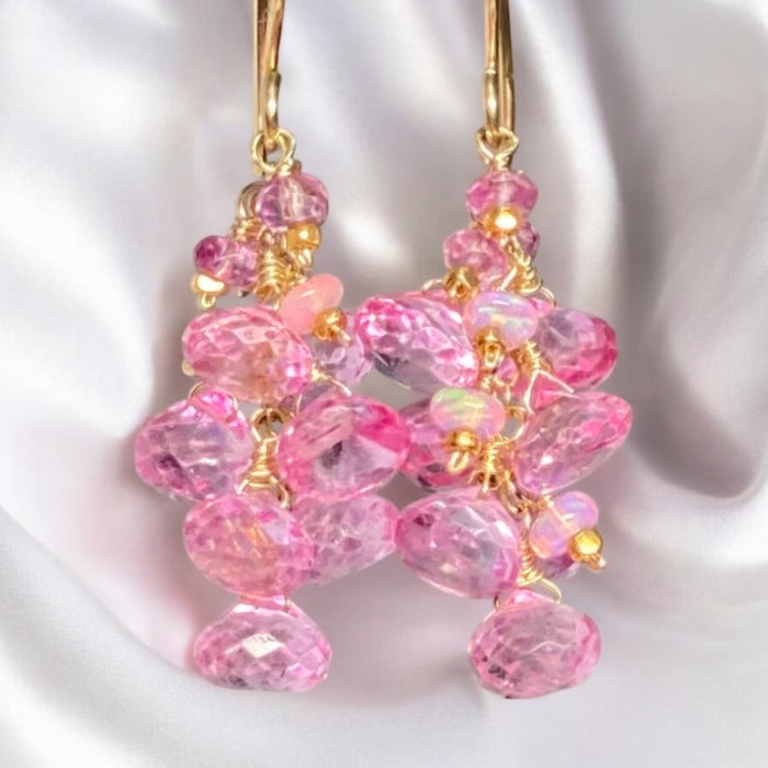 Pink Mystic Topaz Cluster Tassel Earrings Gold Fill or Rose Gold