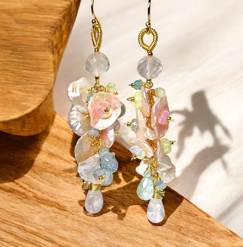 Aquamarine, Opal Gemstone and Keishi Pearl Dangle Wedding Earrings