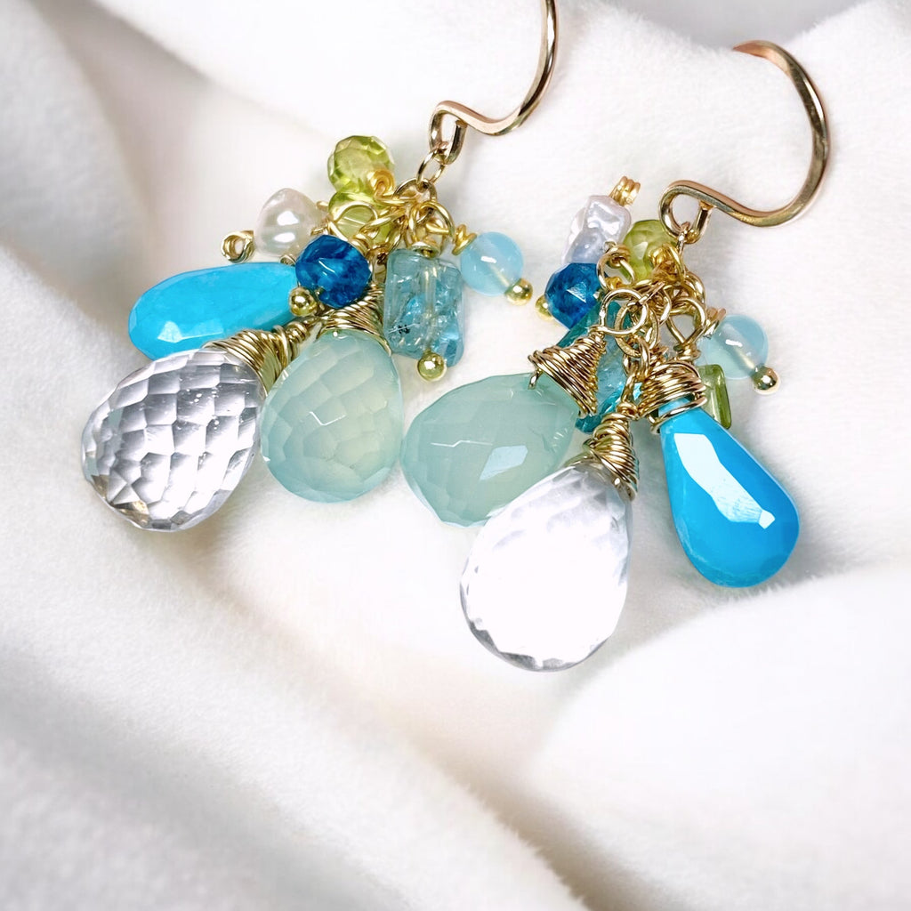 Aqua Gold Filled Dangle Earrings Crystal Quartz & Turquoise