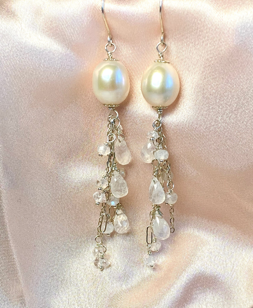 Pearl Moonstone Bridal Dangle Earrings Sterling Silver with Herkimer Diamonds