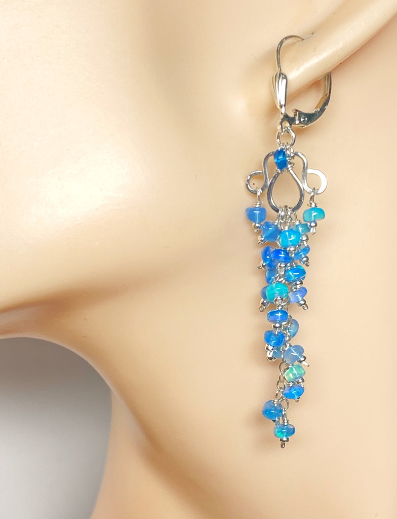 Blue Ethiopian Opal Long Cluster Dangle Earrings Sterling Silver