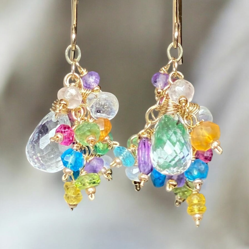 Crystal Quartz Dangle Earrings with Multi Gemstone Cluster Gold Fill 8