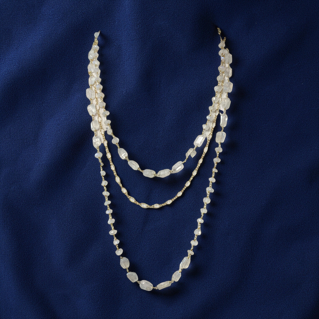 Rainbow Moonstone Triple Strand Long Necklace - Doolittle