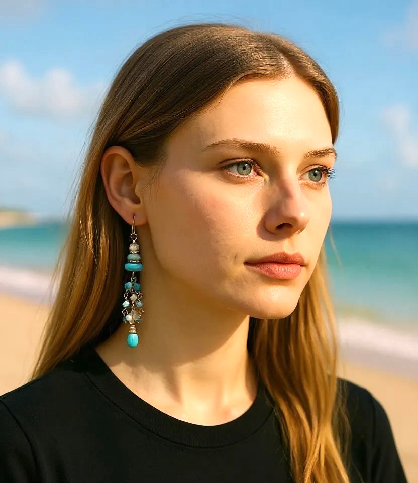 Multi Gemstone Gem Dangle Earrings, Tassel Style, Turquoise, Chrysoprase, Sterling Silver