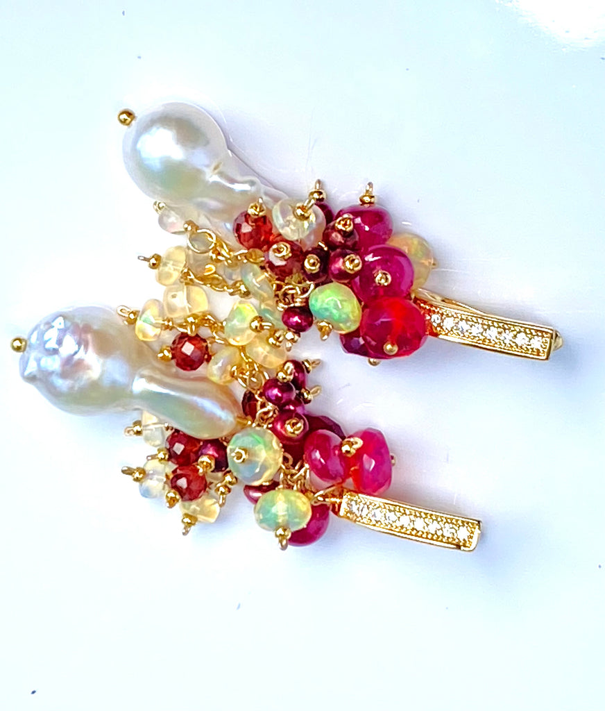 Red Opal, Garnet, Pearl and Ivory Baroque Flameball Pearl Earrings
