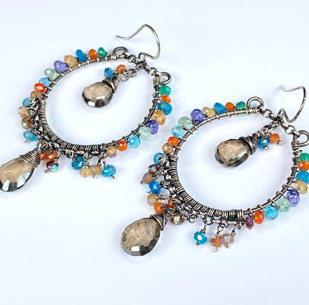 Multicolor Gemstone Hoop Chandelier Earrings, Mystic Smokey Quartz, Oxidized Silver