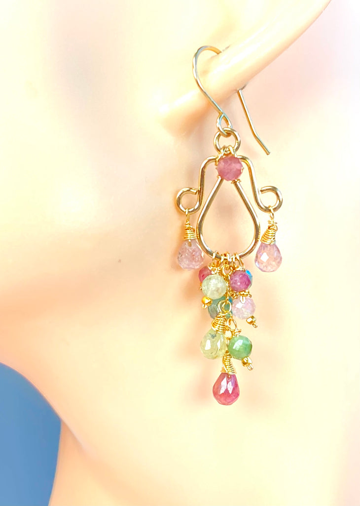 Multicolor Tourmaline Chandelier Earrings — Light Pink, Green & Blue, Gold Fill