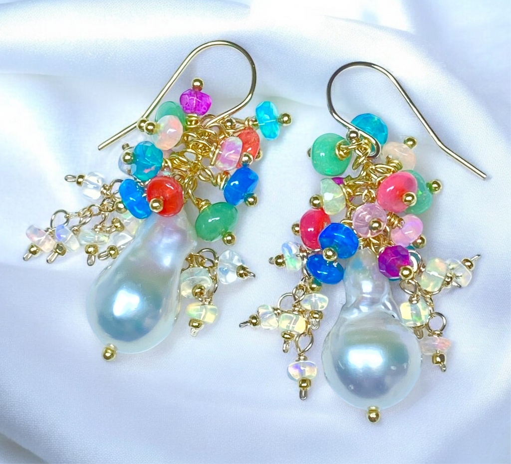 Baroque Flameball Pearl Cluster Earrings Multi-color Opals 4