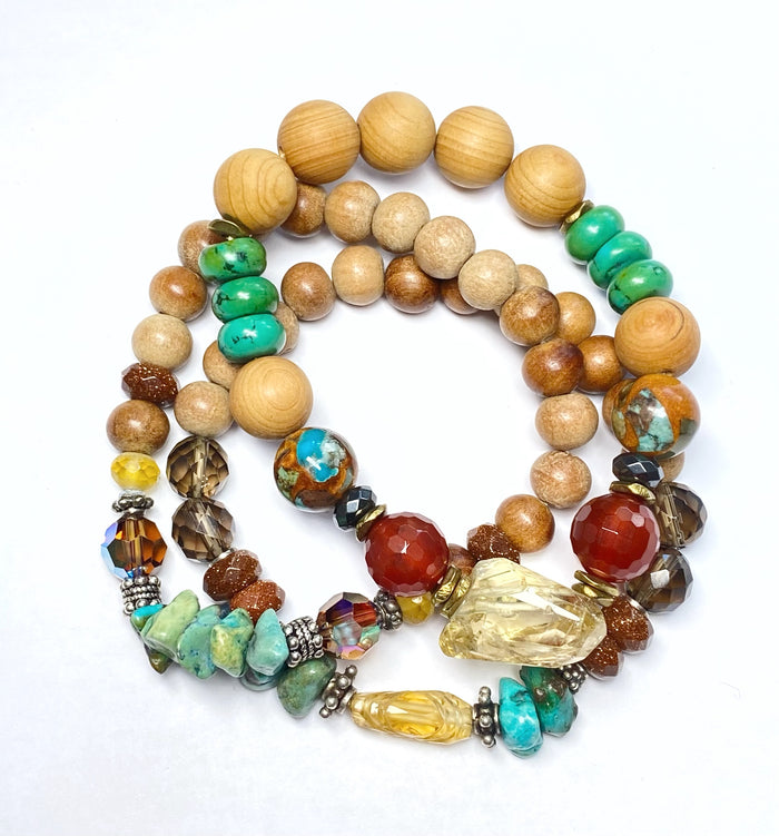 Colorful Beaded Stretch Bracelets Stack Set of 3 Sandalwood, Turquoise, Citrine