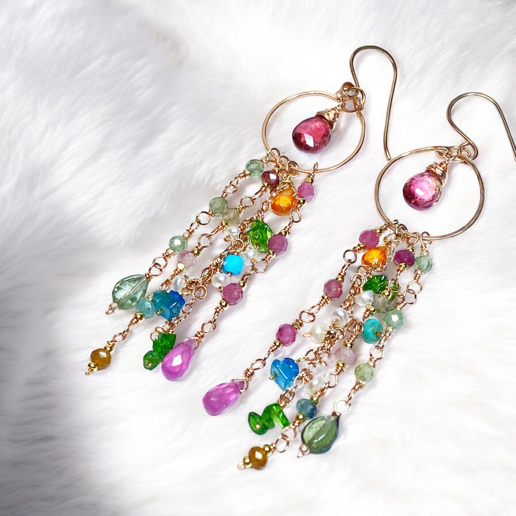 Pink Tourmaline Multicolor Gemstone Long Boho Dangle Earrings Rose Gold