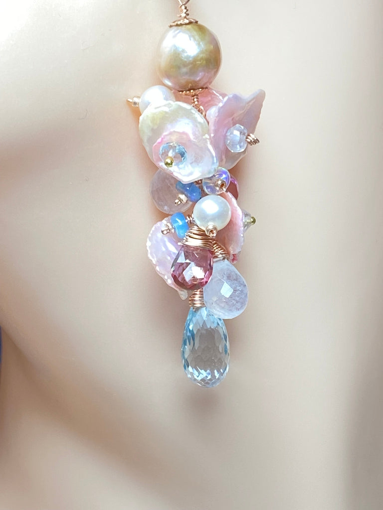 Blush Keishi Pearl Pink Topaz Pink Pearl Rose Gold Long Dangle Bridal Earrings - Doolittle