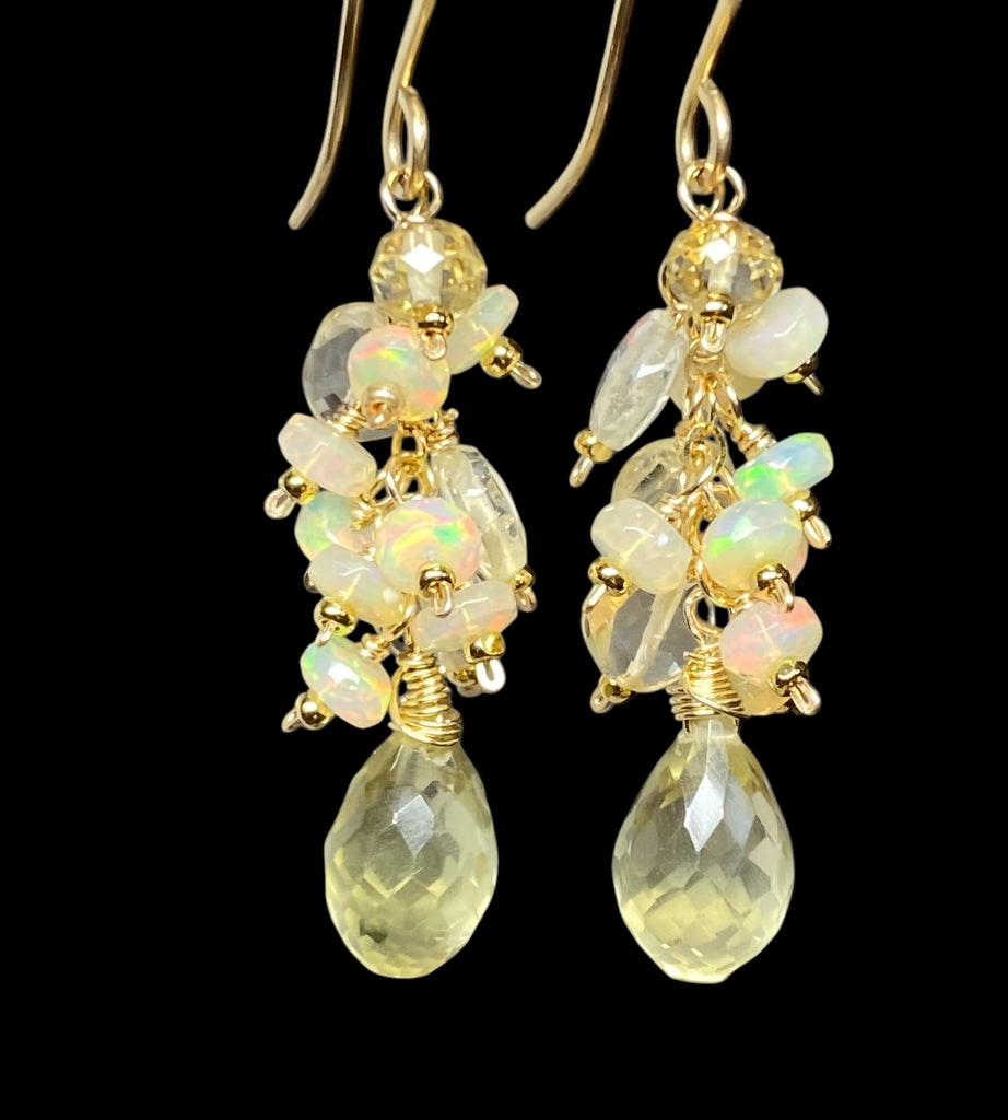 Yellow Lemon Quartz and Ethiopian Opal Dangle Earrings Gold