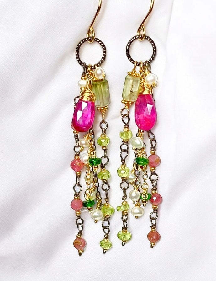 Pink Sapphire, Peridot and Tourmaline Gemstone Long Dangle Earrings