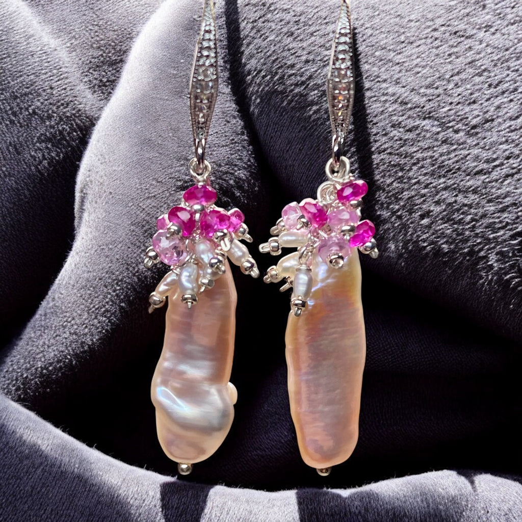 Biwa Pearl Dangle Earrings, Pink Red Ruby Clusters Sterling Silver