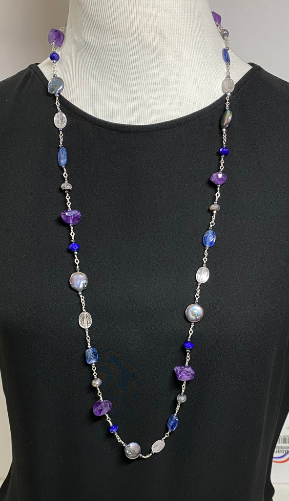 Long Blue Violet Necklace Amethyst Kyanite Kunzite Coin Pearl Sterling Silver
