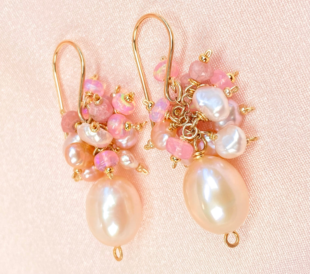 Pink Blush Pearl Pink Opal Cluster Earrings Gold Fill