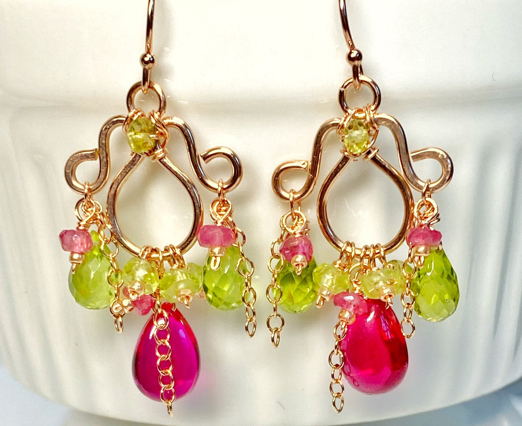 Rubellite and Peridot Rose Gold Chandelier Earrings - Pink and Green