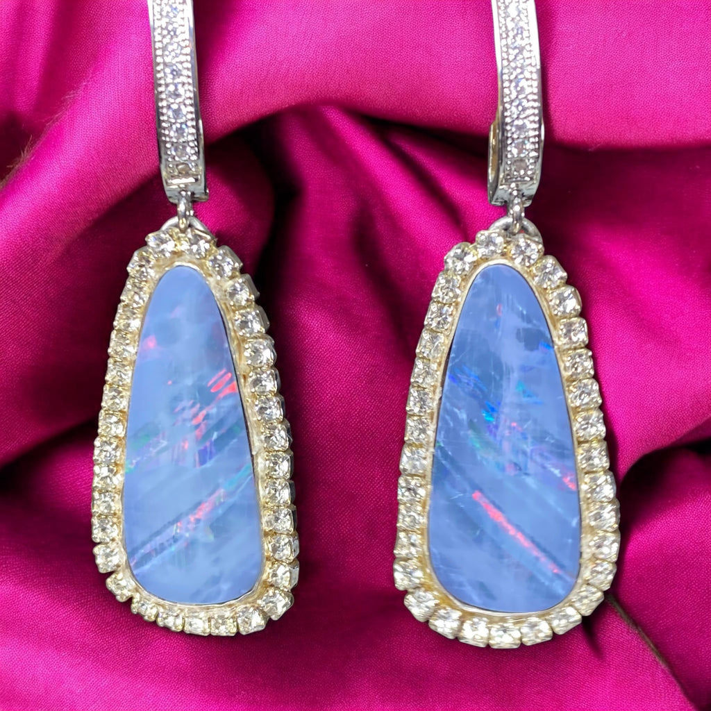 Australian Black Opal Earrings Lightning Ridge Diamond Look Sterling Silver - Doolittle