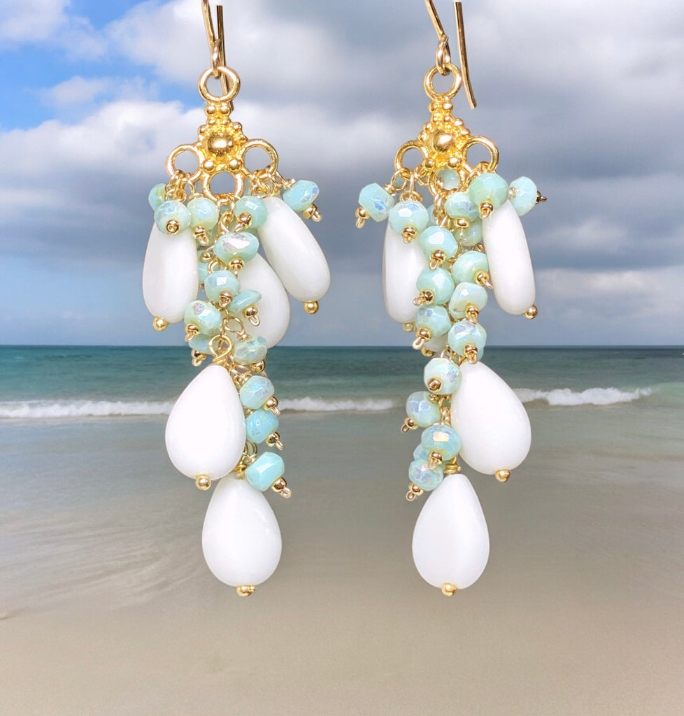 White and Aqua Mystic Peruvian Opal Long Gem Dangle Chandelier Earrings