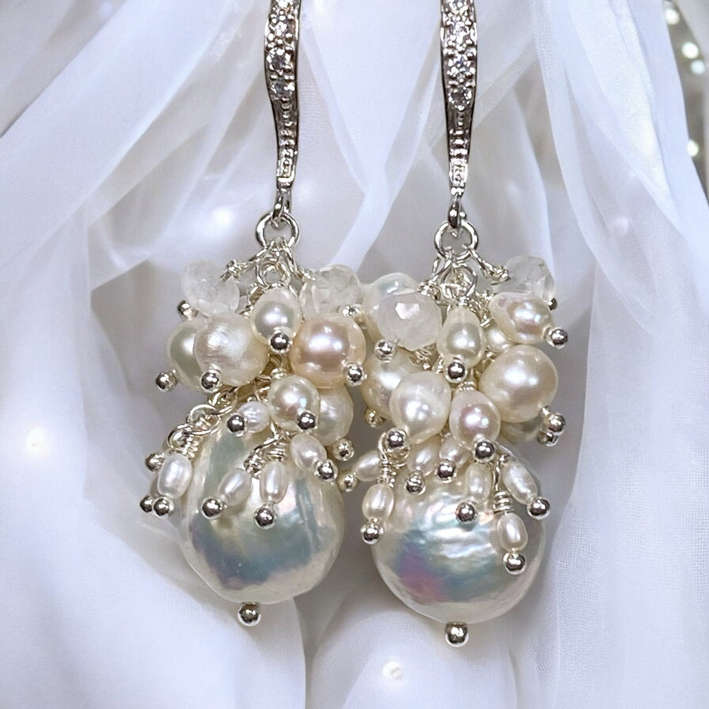 White Edison Pearl Cluster Earrings with Moonstone in Sterling Silver