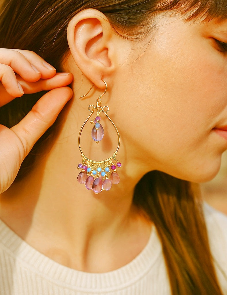 Gemstone Statement Chandelier Earrings in Pink, Lavender, Violet 2