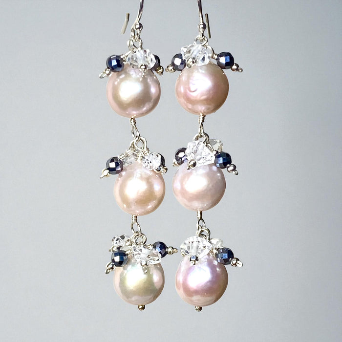 Long Blush Pearl Earrings with Sparkly Gems, Sterling Silver