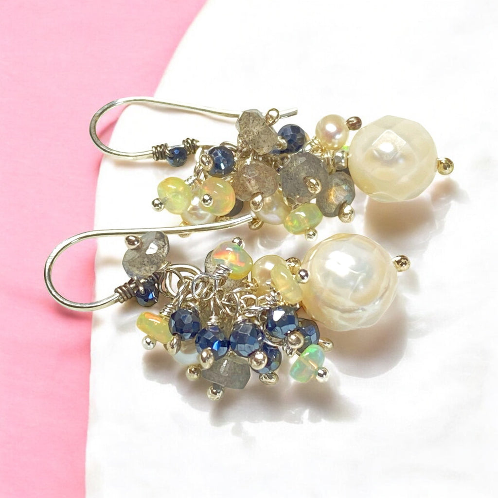 Petite Laser Pearl Cluster Earrings, Black, White, Labradorite, Opals