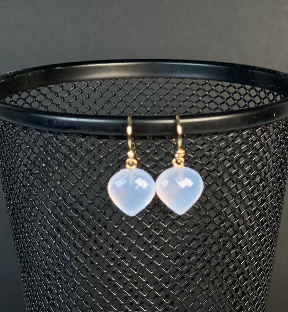 Natural Blue Chalcedony Gemstone Heart Dangle Earrings 14k Gold Fill